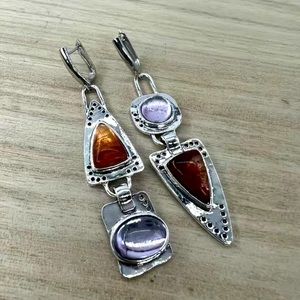 Vintage Geometric Metal Pendant Drop Earrings - Synthetic Gems